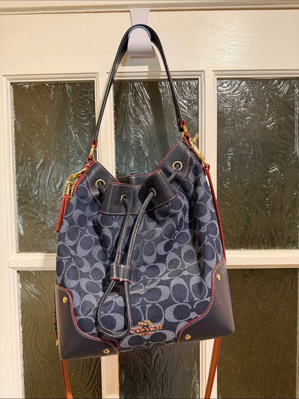 Coach Navy Signature Drawstring Hobo with Red Trim